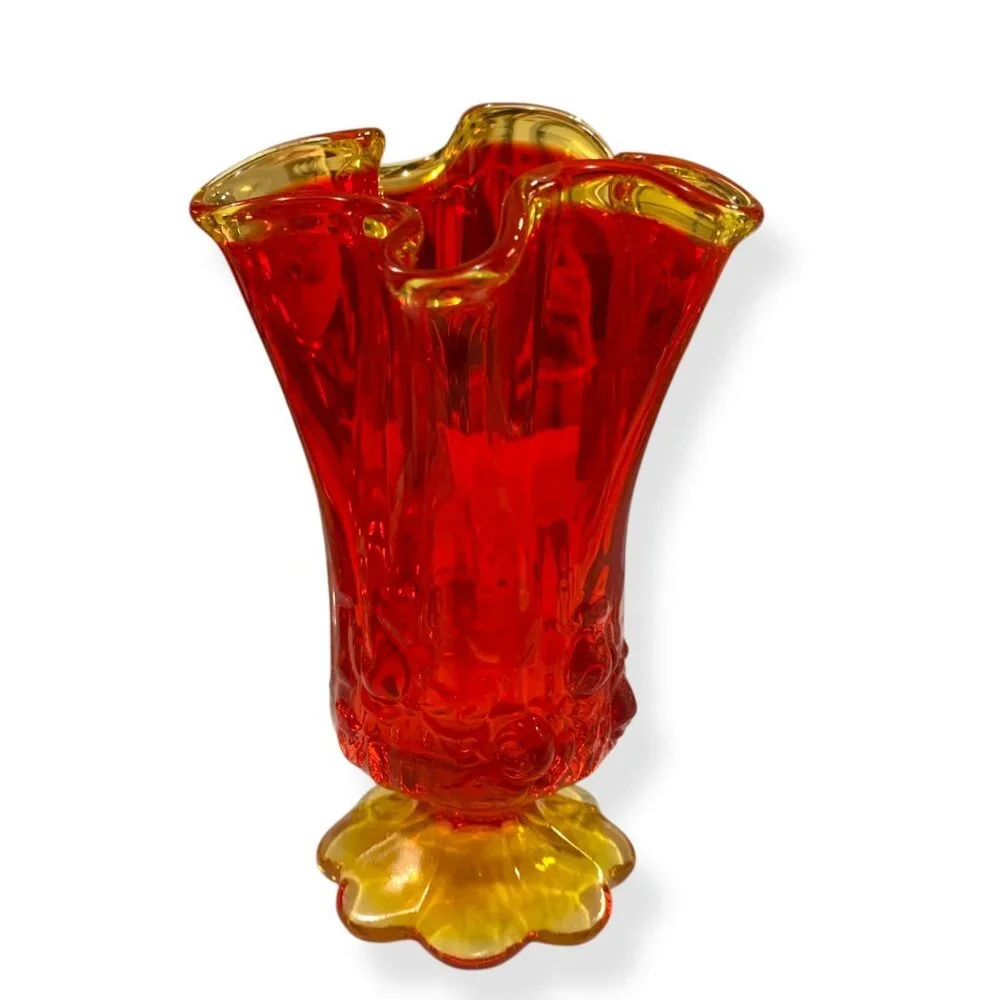 VTG Fenton‎ Glass Amberina Stretch Ruffled Vase 6